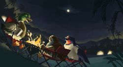 Rule 34 | bird, chair, chenpn, cup, duck, dutch angle, closed eyes, fire, folding chair, food, full moon, marshmallow, moon, mug, night, night sky, no humans, open mouth, original, roasting, sitting, sky, sparrow, tent