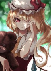 Rule 34 | 1girl, absurdres, ascot, blonde hair, blurry, blurry background, bokeh, bow, closed mouth, commentary request, crystal, depth of field, expressionless, eyebrows hidden by hair, flandre scarlet, hand up, hat, hat bow, highres, holding, holding stuffed toy, looking at viewer, mizuhichi, mob cap, one eye closed, one side up, puffy short sleeves, puffy sleeves, red bow, red vest, rubbing eyes, short hair, short sleeves, solo, stuffed animal, stuffed toy, teddy bear, touhou, upper body, vest, white hat, wings, yellow ascot