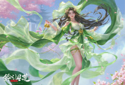 Rule 34 | 1girl, absurdres, baiguio (zhu xian), bell, blue sky, bracelet, brown hair, building, cherry blossoms, clothing cutout, dress, earrings, facial mark, floating clothes, floating hair, forehead mark, green dress, highres, holding, holding bell, jewelry, long hair, long sleeves, necklace, parted lips, sash, second-party source, shoulder cutout, sky, solo, teeth, thighhighs, weiran0303, zhu xian