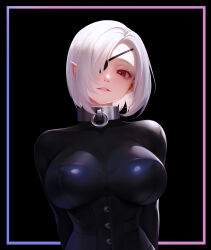 Rule 34 | 1girl, absurdres, arms behind back, black background, bodysuit, bodysuit under clothes, border, breasts, collar, commentary, covered erect nipples, eyelashes, eyepatch, gradient border, hair over one eye, hc (user tem2272), head tilt, highres, large breasts, latex, latex bodysuit, looking at viewer, metal collar, one eye covered, original, outside border, parted lips, pink lips, pointy ears, red eyes, short hair, simple background, skin tight, smile, solo, strapless, upper body, white hair