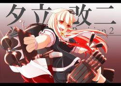 Rule 34 | 10s, 1girl, :d, baseu, black serafuku, black skirt, black socks, blonde hair, blunt bangs, character name, glint, gradient background, hair flaps, holding, holding weapon, kantai collection, kneehighs, letterboxed, long hair, looking at viewer, neckerchief, open mouth, pleated skirt, red background, red eyes, red neckerchief, school uniform, serafuku, short sleeves, simple background, skirt, smile, socks, solo, torpedo, turret, weapon, yuudachi (kancolle), yuudachi kai ni (kancolle)
