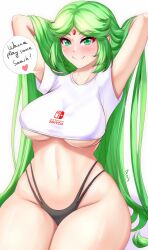 Rule 34 | 1girl, anisdrawn, arms up, black panties, blush, breasts, closed mouth, crop top, curvy, english text, forehead jewel, green eyes, green hair, groin, hair lift, heart, highleg, highleg panties, highres, kid icarus, large breasts, long hair, navel, nintendo, nintendo switch, palutena, panties, shirt, sitting, smile, solo, speech bubble, stomach, thighs, underboob, underwear, very long hair, white shirt, wide hips