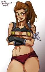Rule 34 | 1girl, bandaged arm, bandages, bikini, bikini top only, bikini under clothes, blush, breasts, brigitte (overwatch), brown eyes, brown hair, clothes lift, crossed arms, dated, fingerless gloves, freckles, gloves, hair ornament, hairclip, large breasts, lips, long hair, micro bikini, micro bikini top, mina cream, navel, overwatch, overwatch 1, ponytail, shirt lift, short shorts, shorts, shoulder tattoo, sidelocks, solo, standing, swimsuit, swimsuit under clothes, tank top, tattoo, thighs, underboob