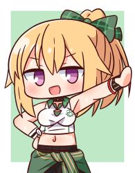Rule 34 | 1girl, :d, armpits, bare shoulders, black shorts, blonde hair, blush, bow, chibi, chloe (princess connect!), chloe (school festival) (princess connect!), clothes around waist, collared shirt, crop top, green background, green bow, green jacket, hair between eyes, hair bow, hana kazari, hand on own hip, high ponytail, highres, jacket, jacket around waist, looking at viewer, midriff, navel, open mouth, outstretched arm, ponytail, princess connect!, purple eyes, shirt, shorts, sleeveless, sleeveless shirt, smile, solo, two-tone background, v-shaped eyebrows, white background, white shirt
