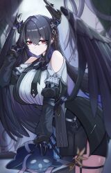 Rule 34 | 1girl, absurdres, asymmetrical horns, bare shoulders, black bow, black bowtie, black hair, black wings, blue hair, bow, bowtie, breasts, colored inner hair, demon horns, feathered wings, fur trim, hair ornament, highres, hololive, hololive english, horn flower, horns, jailbird (nerissa ravencroft), large breasts, long hair, looking at viewer, low wings, mole, mole under eye, multicolored hair, nerissa ravencroft, nerissa ravencroft (1st costume), red eyes, rhea rks, shirt, solo, swept bangs, tassel, tassel hair ornament, two-tone hair, uneven horns, very long hair, virtual youtuber, white shirt, wings