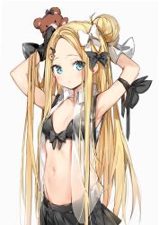 Rule 34 | 1girl, abigail williams (fate), absurdres, arms up, bikini, black bikini, black bow, black skirt, blonde hair, blue eyes, blush, bow, breasts, closed mouth, collared jacket, commentary request, fate/grand order, fate (series), forehead, grey background, hair bow, hair bun, hair ornament, highres, jacket, key hair ornament, lock, long hair, looking at viewer, navel, open clothes, open jacket, padlock, parted bangs, pleated skirt, see-through, silver (chenwen), simple background, single hair bun, skirt, sleeveless, sleeveless jacket, small breasts, solo, stuffed animal, stuffed toy, swimsuit, teddy bear, very long hair, white bow