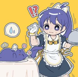 Rule 34 | !?, 1girl, :3, ^^^, alternate costume, apron, black dress, blue eyes, blue hair, bow, bowtie, bright pupils, cai (cabbage 0j0), cat, closed mouth, commentary, cowboy shot, dress, enmaided, flower (symbol), frilled apron, frills, full stomach, gloves, hair bow, hands up, highres, holding, holding tray, looking at animal, maid, maid apron, notice lines, outline, over! (vocaloid), ponytail, puff of air, puffy short sleeves, puffy sleeves, serving dome, short dress, short sleeves, simple background, solo, spoken sweatdrop, standing, surprised, sweatdrop, symbol-only commentary, table, tray, vocaloid, w arms, white apron, white bow, white gloves, white outline, white pupils, yellow background, yellow bow, yellow bowtie