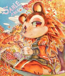 Rule 34 | 1girl, animal crossing, autumn, autumn leaves, bottomless, furry, furry girl, green sweater, highres, leaf, looking at viewer, nintendo, outdoors, picnic, picnic basket, porcupine, porcupine girl, sable able (animal crossing), sitting, smile, solo, sweater, tamanosuke, traditional media, tree