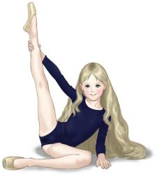 Rule 34 | 1girl, aurore, blonde hair, child, flat chest, harness, leotard, long hair, looking at viewer, simple background, smile, solo, takatou sora, thighs, very long hair, white background