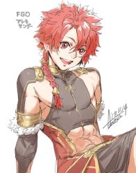 Rule 34 | 1boy, abs, alexander (fate), arm support, azusa (hws), braid, character name, crop top, fate/grand order, fate (series), long hair, looking at viewer, male focus, red hair, signature, simple background, single braid, solo, toned, toned male, white background