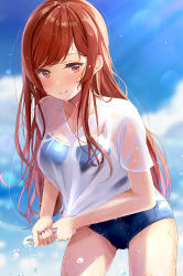 Rule 34 | 1girl, blue sky, blush, cloud, collarbone, highres, idolmaster, idolmaster shiny colors, light particles, long hair, looking at viewer, nira (vira), one-piece swimsuit, osaki amana, outdoors, red eyes, red hair, school swimsuit, see-through, see-through skirt, shirt, short sleeves, skirt, sky, smile, solo, swimsuit, swimsuit under clothes, thighhighs, water drop, wet, wet clothes, wet hair, wet shirt, white shirt