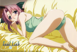 Rule 34 | 00s, 1girl, all fours, ass, barefoot, blush, couch, female focus, hair ribbon, highres, indoors, looking back, lying, morisaki nao, one-piece swimsuit, pink hair, purple eyes, ribbon, short hair, solo, soul link, swimsuit