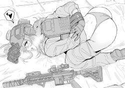 Rule 34 | 1girl, arms behind back, artist request, bound, character request, clothes pull, combat helmet, commentary, commentary request, english commentary, full body, gloves, gun, heart, helmet, highres, long hair, looking at viewer, looking to the side, military uniform, monochrome, on bed, open mouth, panties, pants, pants pull, restrained, shoes, smile, solo, spoken heart, suppressor, tongue, twitter username, underwear, uniform, weapon