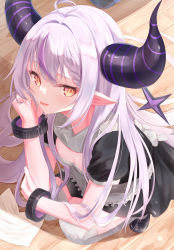 Rule 34 | 1girl, ahoge, alternate costume, apron, black dress, black horns, braid, braided bangs, demon girl, demon horns, dress, enmaided, from above, grey hair, hair between eyes, highres, hololive, horns, indoors, izuno (izunoyoshiki), la+ darknesss, long hair, looking at viewer, maid, multicolored hair, parted lips, pointy ears, purple hair, purple horns, slit pupils, smile, smirk, solo, squatting, streaked hair, striped horns, tail, thighhighs, very long hair, virtual youtuber, waist apron, white apron, white thighhighs, yellow eyes