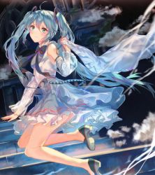 Rule 34 | 1girl, ahoge, alternate costume, aqua eyes, aqua hair, birthday, blurry, blush, bow, bowtie, commentary, detached sleeves, frilled skirt, frills, happy birthday, hatsune miku, high heels, jumping, long hair, looking to the side, mada (shizhou), skirt, smile, solo, twintails, vocaloid