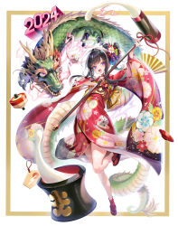 Rule 34 | 1girl, 2024, black hair, chinese zodiac, dice, dragon, eastern dragon, floral print kimono, flower, flower on head, food, highres, japanese clothes, kimono, kine, mallet, mochi, mochi trail, open mouth, original, purple eyes, red kimono, sandals, socks, solo, spinning top, year of the dragon, youta