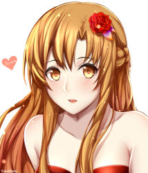 Rule 34 | 10s, 1girl, artist name, asuna (sao), bad id, bad pixiv id, bare shoulders, blush, breasts, brown eyes, brown hair, character name, flower, hair flower, hair ornament, heart, highres, long hair, looking at viewer, open mouth, solo, sword art online, teeth, upper body, white background, yeooudam