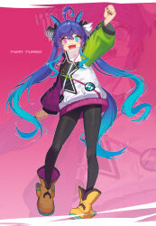 Rule 34 | 1girl, @ @, ahoge, animal ears, aqua eyes, aqua hair, arm up, black nails, black pantyhose, blue hair, boots, bow, character name, clenched hands, commentary, crossed bangs, drawstring, full body, gradient background, gradient hair, hair between eyes, hair bow, hashtag-only commentary, heterochromia, highres, hood, hoodie, horse ears, horse girl, horse tail, kugi ta hori taira, long hair, long sleeves, looking at viewer, multicolored clothes, multicolored hair, multicolored hoodie, nail polish, open mouth, pantyhose, pink background, pink eyes, red background, sharp teeth, sidelocks, solo, striped bow, tail, teeth, twin turbo (umamusume), twintails, two-tone hair, umamusume, upper teeth only, very long hair, yellow footwear, zoom layer