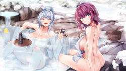 Rule 34 | 2girls, ass, bath, blue eyes, blue hair, blush, bottle, breasts, day, fang, from behind, holding, irohara, large breasts, looking at viewer, looking back, multiple girls, naked towel, nude, onsen, open mouth, original, outdoors, purple hair, short hair, sideboob, sitting, skin fang, snow, spread legs, towel, water, winter, yellow eyes