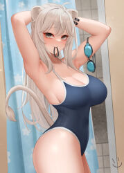Rule 34 | 1girl, ahoge, animal ears, armpits, arms up, blue one-piece swimsuit, breasts, closed mouth, cowboy shot, from side, goggles around arm, grey eyes, hair tie in mouth, highres, hololive, large breasts, lion ears, lion girl, lion tail, long hair, looking at viewer, mouth hold, one-piece swimsuit, shishiro botan, swimsuit, tail, virtual youtuber, wei xiao, white hair