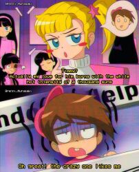 Rule 34 | 1boy, 1girl, animification, artist name, blonde hair, blush stickers, brenni murasaki, brown hair, character doll, child, clip studio paint (medium), english text, highres, meme, nickelodeon, open mouth, photo (object), pink headwear, poster (object), scene reference, smile, the fairly oddparents, timmy turner, trixie tang, veronica (fairly oddparents)