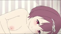 Rule 34 | 1girl, animated, breasts, closed mouth, collarbone, commentary request, completely nude, hairband, ibuki nagisa, idoly pride, interior, looking at viewer, lying, medium breasts, nipples, nude, on back, on side, pillow, pov, red eyes, red hair, short hair, sincos, smile, solo, video, white hairband