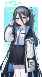 Rule 34 | 1girl, absurdly long hair, absurdres, aris (blue archive), black hair, black skirt, blue archive, blue necktie, blush, coat, collared shirt, commentary request, feet out of frame, green eyes, green halo, hair between eyes, halo, hand up, highres, larg (shgv2552), long bangs, long hair, long hair between eyes, long sleeves, looking at viewer, necktie, open clothes, open coat, open mouth, playing with own hair, pleated skirt, shirt, shirt tucked in, side ponytail, simple background, skirt, solo, standing, very long hair, white coat, white shirt