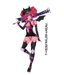 Rule 34 | 1girl, animal ear legwear, baseball bat, baseball cap, black gloves, black hat, black thighhighs, boots, bracelet, breasts, closed mouth, club (weapon), colored skin, deathball, demon girl, demon wings, dress, elbow gloves, fake horns, fingerless gloves, fingernails, from side, full body, gloves, hair between eyes, halterneck, hat, head tilt, holding, holding baseball bat, horned headwear, horns, jewelry, mataro (matarou), mini wings, navel, no bra, official art, pink skin, platform boots, platform footwear, red eyes, red hair, revealing clothes, shiny skin, short dress, short twintails, small breasts, smile, solo, spiked bracelet, spikes, standing, standing on one leg, thigh boots, thighhighs, transparent background, twintails, underwear, wavy hair, wide hips, wings