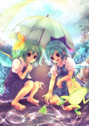 Rule 34 | 2girls, bare legs, barefoot, blue eyes, blue hair, bow, cirno, daiyousei, dirty, dirty feet, fairy wings, feet, frog, green eyes, green hair, hair bow, highres, maryquant, mud, multiple girls, nature, open mouth, rain, reflection, short hair, side ponytail, smile, squatting, touhou, umbrella, wings