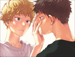 Rule 34 | 2boys, abe takaya, adam&#039;s apple, backlighting, blonde hair, brown eyes, brown hair, da kata, expressionless, eye contact, hand on another&#039;s face, looking at another, male focus, mihashi ren, multiple boys, ookiku furikabutte, open mouth, profile, shirt, t-shirt, upper body, white background