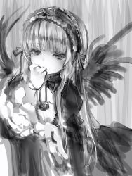 Rule 34 | 1girl, bad id, bad pixiv id, closed mouth, dress, feathered wings, feathers, flower, frilled hairband, frills, greyscale, hairband, hand up, highres, juliet sleeves, long hair, long sleeves, looking at viewer, monochrome, nanashi (nlo), puffy sleeves, rose, rozen maiden, sketch, solo, suigintou, wings