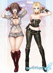 Rule 34 | 00s, 2girls, armpits, bare shoulders, belly, belt, blonde hair, boots, breasts, brown hair, capcom, choker, cleavage, contrapposto, curvy, denim, devil may cry (series), english text, engrish text, gloves, gun, heterochromia, hip focus, jeans, lady (devil may cry), large breasts, legs, long hair, meme50, midriff, multiple girls, pants, plump, ranguage, short hair, shorts, standing, sunglasses, trish (devil may cry), weapon, wide hips