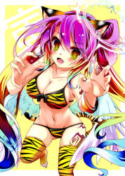Rule 34 | 1girl, :d, angel, angel wings, animal ears, animal print, bikini, blush, bracelet, breasts, chinese zodiac, cleavage, commentary request, spiked halo, fang, feathered wings, gradient eyes, gradient hair, halo, happy, happy new year, highres, jewelry, jibril (no game no life), large breasts, long hair, looking at viewer, low wings, magic circle, mii aki, multicolored eyes, multicolored hair, navel, new year, no game no life, no shoes, open mouth, orange eyes, paw pose, pink hair, smile, solo, stomach, swimsuit, tail, tattoo, thighhighs, tiger ears, tiger girl, tiger print, tiger stripes, tiger tail, very long hair, white wings, wing ears, wings, year of the tiger, yellow eyes