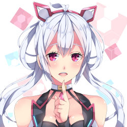 Rule 34 | 1girl, ahoge, bare shoulders, blue hair, breasts, choker, cleavage, index finger raised, innocent cluster, long hair, matoi (pso2), milkpanda, open mouth, phantasy star, phantasy star online 2, pink eyes, solo, twintails