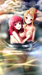 Rule 34 | 2girls, :d, barefoot, blonde hair, breasts, closed mouth, collarbone, completely nude, doukyuusei 2, doukyuusei another world, game cg, grabbing, grabbing another&#039;s breast, hand on another&#039;s thigh, kakyuusei, kneeling, large breasts, long hair, looking at viewer, maijima karen, multiple girls, nude, onsen, open mouth, outdoors, partially submerged, red eyes, red hair, short hair with long locks, smile, snow, snowing, straight hair, tachibana mayumi, winter, yuri