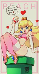 Rule 34 | 1girl, bare shoulders, blonde hair, blue eyes, blush, breasts, character name, crown, earrings, el quijote, elbow gloves, english text, gloves, heart, high heels, highres, jewelry, long hair, mario (series), medium breasts, nintendo, open mouth, princess peach, signature, smile, solo, super mario bros. 1, super mushroom, thighhighs, warp pipe, white gloves