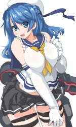 Rule 34 | 10s, 1girl, :d, bare shoulders, between breasts, black skirt, blue eyes, blue hair, blush, breasts, collarbone, curvy, dd (ijigendd), double bun, elbow gloves, female focus, gloves, hair bun, hat, kantai collection, large breasts, long hair, looking at viewer, matching hair/eyes, open mouth, pleated skirt, school uniform, serafuku, simple background, skirt, sleeveless, sleeves rolled up, smile, solo, thick thighs, thigh strap, thighs, urakaze (kancolle), white background, white gloves, white hat, wide hips
