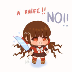 Rule 34 | 1girl, black sailor collar, black skirt, blunt bangs, blush, brown hair, chibi, commentary, danganronpa (series), danganronpa v3: killing harmony, english text, frown, full body, hair ornament, hairclip, harukawa maki, holding, holding knife, holding weapon, knife, long sleeves, looking at viewer, low twintails, meme, miniskirt, missarilicious, mole, mole under eye, pleated skirt, pout, red eyes, red scrunchie, red shirt, red thighhighs, sailor collar, school uniform, scrunchie, shirt, skirt, solo, symbol-only commentary, thighhighs, twintails, weapon, zettai ryouiki