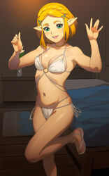 Rule 34 | 1girl, a1 (initial-g), bed, bikini, blonde hair, blush, bob cut, braid, breasts, choker, cleavage, collarbone, crown braid, feet, foot out of frame, hair ornament, hairclip, hands up, indoors, legs, looking at viewer, medium breasts, navel, navel piercing, nintendo, o-ring, o-ring bikini, open mouth, parted bangs, piercing, pointy ears, princess zelda, sandals, short hair, side-tie bikini bottom, smile, solo, standing, standing on one leg, swimsuit, the legend of zelda, the legend of zelda: tears of the kingdom, toenails, toes, white bikini