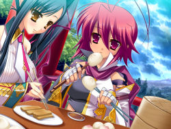 2girls antenna_hair black_hair blush chopsticks food game_cg kan&#039;u_unchou_(koihime) katagiri_hinata koihime_musou long_hair multiple_girls pink_eyes pink_hair ponytail ryofu short_hair tattoo yellow_eyes