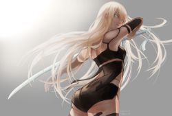 Rule 34 | android, armlet, ass, black shorts, blue eyes, elbow gloves, from behind, gloves, hair blowing, holding, holding sword, holding weapon, joints, long hair, nier (series), nier:automata, pink lips, robot joints, short shorts, shorts, silver hair, solo, sword, tank top, wa (87s-87), weapon, a2 (nier:automata)