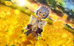Rule 34 | 10s, 1girl, apron, blue eyes, blue hair, blurry, blush, breasts, cloud, cloudy sky, crying, crying with eyes open, depth of field, detached sleeves, dress, field, flower, flower field, frilled sleeves, frills, hair between eyes, hair ornament, hands on own chest, head tilt, hirokyon0606, horizon, lens flare, light smile, looking at viewer, maid, maid headdress, matching hair/eyes, medium breasts, mountain, nose blush, own hands together, petals, re:zero kara hajimeru isekai seikatsu, rem (re:zero), ribbon-trimmed clothes, ribbon-trimmed sleeves, ribbon trim, short hair, sky, solo, star (sky), sunlight, sunset, tears, wind, x hair ornament