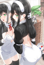 Rule 34 | 2girls, 3d glasses, ass, back, black hair, black jacket, blush, breasts, cleavage, cropped jacket, dress, gloves, green eyes, hairband, highres, jacket, juliet sleeves, kfr, large breasts, long hair, long sleeves, lying, maid, mirror, multiple girls, open mouth, original, puffy sleeves, reflection, short dress, shrug (clothing), solo focus, thighs, white dress, white gloves, white hair