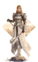 Rule 34 | 1girl, arm belt, armor, artist name, bearer of the curse, blonde hair, boots, chainmail, dark souls (series), dark souls ii, female knight, glint, gloves, greaves, grey footwear, helmet, highres, holding, holding weapon, jdori, knight, long hair, mace, rock, smile, solo, standing, weapon, white background