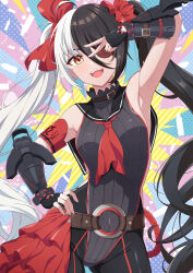 Rule 34 | 1girl, ahoge, arm up, armpits, bare shoulders, belt, black gloves, black hair, black leotard, black pants, black sailor collar, blade &amp; soul, bow, breasts, cowboy shot, eyepatch, fingerless gloves, gloves, hair between eyes, hair bow, hair ornament, hair scrunchie, hand on own hip, leotard, long hair, looking at viewer, medium breasts, multicolored hair, neckerchief, open mouth, pants, pohwaran, red eyes, ribbed leotard, rin ateria, sailor collar, scrunchie, sideless outfit, smile, solo, split-color hair, standing, twintails, two-tone hair, v, v-shaped eyebrows, very long hair, white hair