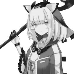 Rule 34 | 1girl, a iri a, arknights, bad id, bad pixiv id, closed mouth, expressionless, gloves, greyscale, highres, holding, holding staff, jacket, looking at viewer, monochrome, open clothes, open jacket, owl ears, ptilopsis (arknights), short hair, solo, staff, upper body, veil, wide sleeves