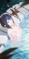 Rule 34 | 1girl, absurdres, bathing, blurry, blurry foreground, breasts, cherry blossoms, commentary, covering privates, darah, genshin impact, highres, kujou sara, large breasts, mask, nude, nude cover, onsen, partially submerged, petals, short hair, short hair with long locks, solo, tengu, tengu mask, towel, unworn mask, water