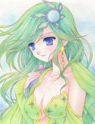 Rule 34 | 1990s (style), 1girl, aged up, bad id, bad pixiv id, blush, breasts, cape, cleavage, detached sleeves, female focus, final fantasy, final fantasy iv, gradient background, green hair, large breasts, long hair, purple eyes, retro artstyle, rydia (ff4), solo, traditional media, yukiou