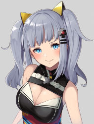 Rule 34 | 1girl, blue eyes, breasts, cleavage, cleavage cutout, closed mouth, clothing cutout, commentary, grey background, grey hair, hair ornament, highres, hukahito, kaguya luna, looking at viewer, medium breasts, obi, sash, simple background, sleeveless, smile, solo, the moon studio, twintails, upper body, virtual youtuber, x hair ornament