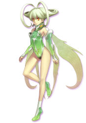 Rule 34 | 00s, 1girl, antenna hair, ar tonelico, ar tonelico ii, bodysuit, boots, curly hair, detached sleeves, fairy wings, flat chest, frelia (ar tonelico), frelia ansul solmarta, from side, full body, green hair, gust, halterneck, leg lift, legs, leotard, light smile, multicolored wings, nagi ryou, official art, orange eyes, shadow, short hair, simple background, smile, solo, standing, standing on one leg, turtleneck, wings, yellow eyes